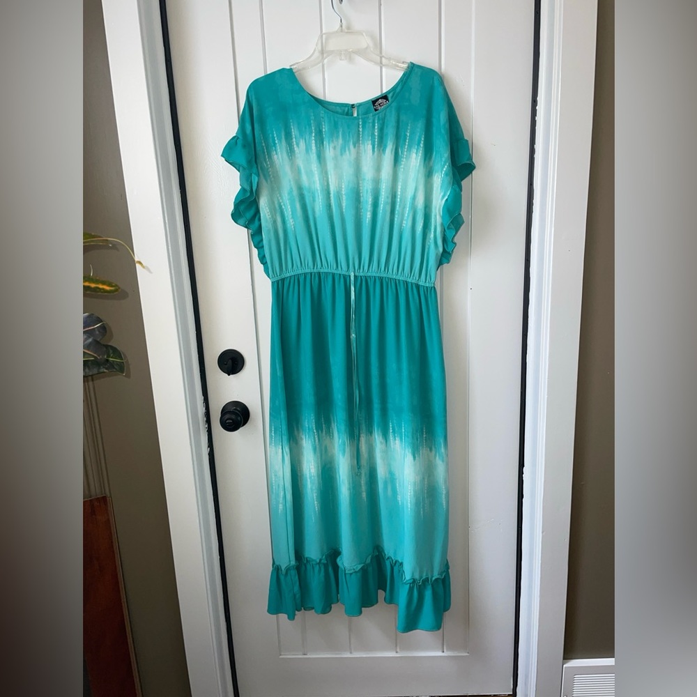 BoHo Cal Style Dress Womens L Flutter Sleeve Ruffle Tie Waist Maxi Teal Green